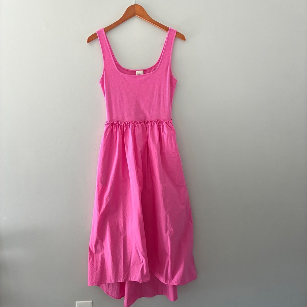 A New Day Dress XS Mixed Media Ribbed Poplin HighLow Midi Scoop Barbiecore Girly